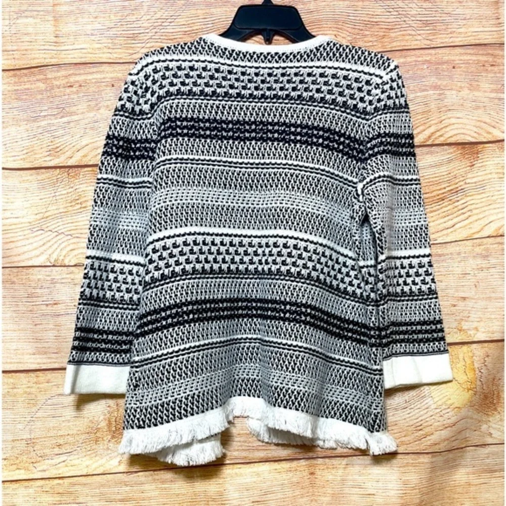 KASPER‎ Black White Stripe Knit Open  Front Cardigan Sweater Small Fringe Hem